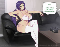1girl belly blush bokuman bra breasts casting_couch couch desk eyebrows green_eyes long_hair love_live! love_live!_school_idol_project panties purple_hair sitting smile stomach text_focus tojo_nozomi underwear rating:Questionable score:73 user:redlight1