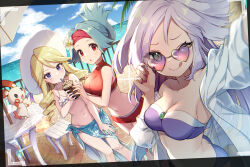  3girls :q adjusting_eyewear aria_(pokemon) bikini blonde_hair breasts chair cleavage commentary_request creatures_(company) cup day drill_hair drinking drinking_straw eyelashes fence flat_chest flower game_freak gen_3_pokemon green_eyes green_hair hat headband heart heart-shaped_eyewear highres holding holding_cup knees long_hair looking_at_viewer medium_breasts multiple_girls nail_polish navel nintendo outdoors plusle pokemon pokemon_(creature) pokemon_ranger purple_bikini red_eyes selfie sky solana_(pokemon) standing summer sunglasses swimsuit table tiffany_(pokemon) tongue tongue_out white_flower white_headwear yoshino_saku 