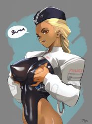  1girl :d black_hat black_leotard blonde_hair breasts clothes_writing commentary covered_erect_nipples dark-skinned_female dark_skin english_commentary forehead garrison_cap grabbing_own_breast hat highleg highleg_leotard highres intron_depot large_breasts leotard long_hair long_sleeves looking_at_viewer open_mouth optionaltypo red_eyes simple_background smile solo speech_bubble  rating:Questionable score:88 user:danbooru