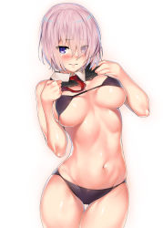 1girl bare_arms bare_shoulders bikini black_bikini blush boots breasts closed_mouth clothes_lift cowboy_shot eyes_visible_through_hair fate/grand_order fate_(series) frown hair_over_one_eye highres kawai_(purplrpouni) large_breasts lifting_own_clothes looking_at_viewer mash_kyrielight navel necktie pink_hair purple_eyes red_necktie short_hair simple_background skindentation sleeveless solo stomach swimsuit thigh_boots thighhighs underboob white_background rating:Questionable score:24 user:danbooru
