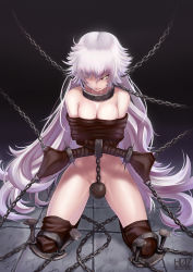  1girl avenger_class_(fate) bad_id bad_pixiv_id bdsm bondage bound bound_arms breasts chain collar completely_nude convenient_censoring fate_(series) full_body glaring hair_in_own_mouth hair_over_one_eye highres jeanne_d&#039;arc_(fate) jeanne_d&#039;arc_alter_(avenger)_(fate) jeanne_d&#039;arc_alter_(fate) kneeling large_breasts long_hair looking_at_viewer nail nude pixiv_fate/grand_order_contest_2 restrained silver_hair solo stone_floor straitjacket sunday_se7en very_long_hair yellow_eyes  rating:Questionable score:30 user:danbooru