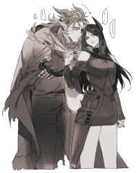 1boy 1girl arknights arrow_(symbol) cloak closed_mouth clothes_grab cropped_legs crossed_arms demon_horns eyepatch facial_hair goatee_stubble greyscale highres hoederer_(arknights) hood hooded_cloak horns ines_(arknights) kaifei_(kaifei_29) leaning_forward long_hair monochrome nail_polish off-shoulder_shirt off_shoulder pointy_ears pouch scar scar_on_face shirt simple_background skirt speech_bubble stubble torn_clothes 
