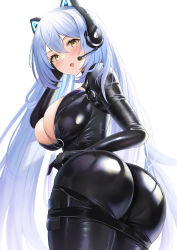 1girl animal_ear_headphones arkhangelsk_(azur_lane) arkhangelsk_(grandiose_getaway)_(azur_lane) ass azur_lane biker_clothes blush bodysuit breasts cleavage fake_animal_ears futon_fly_away headphones highres large_breasts long_hair looking_at_viewer official_alternate_costume open_mouth silver_hair simple_background solo twisted_torso very_long_hair white_background yellow_eyes rating:Sensitive score:92 user:danbooru