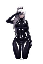  1girl arm_up artist_name black_bodysuit blue_eyes bodysuit breasts closed_mouth commission curvy gesture_request grey_hair hair_between_eyes hair_ornament highres latex latex_bodysuit long_hair looking_at_viewer original ponytail simple_background smile solo tesomu white_background 