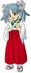 1girl :d alternate_costume blue_eyes blue_hair blush child commentary english_commentary full_body gohei hair_ornament hakama hakama_skirt happy head_tilt highres holding japanese_clothes kasuga_(kasuga39) leaf long_sleeves looking_at_viewer miko oonusa open_mouth parted_bangs puzzle_piece puzzle_piece_hair_ornament red_hakama sandals sash short_hair short_twintails simple_background skirt smile solo standing tabi transparent_background twintails wide_sleeves wikipe-tan wikipedia zouri