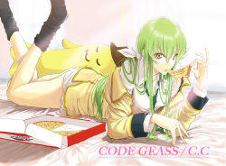  1girl ayanon bed black_thighhighs bottomless c.c. cheese-kun code_geass eating female_focus food green_hair long_hair loose_thighhigh lying necktie nozo_(pixiv178816) on_stomach pizza pizza_hut product_placement ribbon school_uniform socks solo thighhighs uniform white_ribbon yellow_eyes 