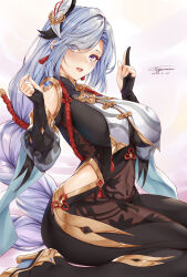 1girl black_bodysuit blue_eyes blush bodysuit breasts commentary covered_navel dated eyes_visible_through_hair genshin_impact grey_hair hair_ornament hands_up highres hip_vent kneeling large_breasts long_hair looking_at_viewer parted_lips shenhe_(genshin_impact) signature solo toyoman very_long_hair 