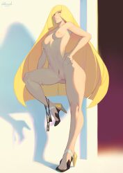  1girl blonde_hair breasts cleft_of_venus creatures_(company) female_pubic_hair full_body game_freak gluteal_fold hand_on_own_hip high_heels highres knee_up leg_lift lingerie long_hair looking_at_viewer lusamine_(pokemon) mature_female nidhoggn nintendo nude panties panties_around_leg pokemon pokemon_sm pubic_hair pussy shadow small_breasts smile solo standing toned underwear very_long_hair  rating:Explicit score:93 user:danbooru