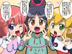  3girls black_hair blonde_hair blush brown_eyes candy_hair_ornament capcom child crossover disney double_v dress eyelashes food-themed_hair_ornament genkotsu_herajika gloves hair_ornament heart hood hoodie jacket long_sleeves looking_at_viewer mega_man_(classic) mega_man_(series) multiple_girls one_eye_closed pastel_(twinbee) ponytail red_dress roll_(mega_man) saliva tongue tongue_out tooth_gap translation_request twinbee upper_body v vanellope_von_schweetz white_gloves wreck-it_ralph yellow_eyes  rating:Sensitive score:38 user:Domestic_Importer