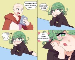  1boy 1girl 4koma :3 arm_rest ass azumiart bald black_dress blush comic curly_hair dress english_text god_i_wanna_choke_on_his_cock_(meme) green_eyes green_hair heart heart-shaped_pupils highres hood hoodie licking_lips looking_at_another naughty_face one-punch_man saitama_(one-punch_man) short_hair smile speech_bubble symbol-shaped_pupils tatsumaki thought_bubble tongue tongue_out  rating:Questionable score:19 user:JustHere4Butts