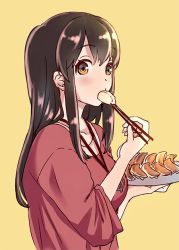  1girl akagi_(kancolle) blouse blush brown_eyes brown_hair casual chopsticks commentary_request dumpling food food_in_mouth from_side holding holding_chopsticks holding_food jewelry jiaozi kantai_collection long_hair looking_at_viewer looking_to_the_side necklace official_alternate_costume otabe_sakura red_shirt shirt simple_background solo straight_hair upper_body yellow_background 