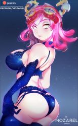  1girl ass bare_shoulders boku_no_hero_academia breasts crosshair_pupils goggles goggles_on_head hatsume_mei headgear highres large_breasts lingerie looking_at_viewer mozarel parted_lips patreon_username pink_hair simple_background solo underwear yellow_eyes  rating:Sensitive score:27 user:danbooru