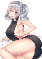 10s 1girl :p aran_sweater areola_slip backless_dress backless_outfit bare_back bare_shoulders bed_sheet black_sweater blue_eyes blush breasts cable_knit closed_mouth dress hair_between_eyes halterneck highres kantai_collection kashima_(kancolle) large_breasts looking_at_viewer lying md5_mismatch meme_attire naked_sweater naughty_face on_side resolution_mismatch revision ribbed_sweater sideboob silver_hair smile solo source_smaller sweater sweater_dress thighs tongue tongue_out turtleneck turtleneck_sweater twintails usa_b virgin_killer_sweater wavy_hair white_background rating:Questionable score:23 user:danbooru