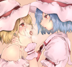  2girls bad_id bad_pixiv_id beige_background blonde_hair blue_hair blush brooch commentary_request cookie_(touhou) eyelashes fingernails flandre_scarlet from_side half-closed_eyes hands_on_another&#039;s_face hat hat_ribbon incest jewelry long_fingernails looking_at_another medium_hair meji_aniki multiple_girls nail_polish off_shoulder pink_hat pink_shirt profile puffy_short_sleeves puffy_sleeves red_eyes red_nails red_ribbon remilia_scarlet ribbon sakura_(cookie) shirt short_sleeves siblings sisters snot snot_trail suggestive_fluid tears tongue tongue_out touhou upper_body wrist_cuffs yuno_(cookie)  rating:Questionable score:35 user:danbooru