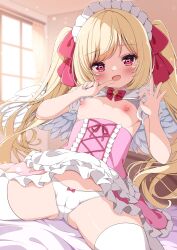  1girl absurdres blonde_hair blush bow bow_panties bowtie breasts cameltoe character_request cleft_of_venus commentary_request copyright_request corset cross-laced_clothes cross-laced_top dress feathered_wings female_focus finger_to_mouth g4ku hair_ribbon heart heart_in_eye highres lifted_by_self loli long_hair looking_at_viewer maid_headdress nipples open_mouth panties pink_bow pink_corset pink_dress pink_ribbon pleated_dress red_bow red_bowtie ribbon sitting small_breasts solo spread_legs symbol_in_eye thighhighs twintails underwear white_panties white_thighhighs white_wings wings  rating:Questionable score:115 user:danbooru