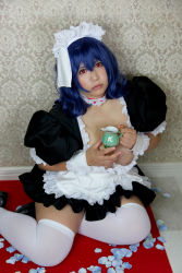 apron blue_hair breast_slip breasts chouzuki_maryou cosplay large_breasts maid maid_apron maid_headdress one_breast_out photo_(medium) plump red_eyes seikon_no_qwaser thick_thighs thighhighs thighs yamanobe_tomo rating:Explicit score:5 user:H-Viruz
