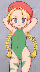  1girl aged_down arms_behind_head arms_up badge blonde_hair blue_eyes blush bodypaint braid cammy_white capcom choker cleft_of_venus facial_scar gloves hat highres lasto leg_tattoo loli long_hair looking_at_viewer navel nipples nude open_mouth painted_clothes pussy red_gloves red_hat scar scar_on_cheek scar_on_face smile solo standing street_fighter tattoo twin_braids very_long_hair wall  rating:Explicit score:193 user:cpee