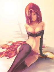  1girl arm_support bandeau bare_shoulders black_gloves black_thighhighs breasts_squeezed_together breasts cleavage cosplay dark_souls_(series) dark_souls_i dark_souls_ii desert_sorceress desert_sorceress_(cosplay) elbow_gloves emerald_herald gloves groin hair_over_one_eye hood hoodie large_breasts leg_up looking_at_viewer midriff nanakusa navel red_eyes red_hair sitting solo strapless thighhighs tsurime tube_top  rating:Sensitive score:353 user:danbooru
