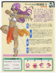  1990s_(style) 1girl anklet armlet armor artist_name belly_chain bikini bikini_armor bikini_top_only black_eyes bracelet breasts character_name choker circlet dancer&#039;s_costume_(dq) dark-skinned_female dark_skin dragon_quest dragon_quest_iv eyeshadow forehead_jewel full_body gem green_gemstone grin highres jewelry loincloth long_hair makeup manya_(dq4) navel non-web_source official_art outstretched_arm pelvic_curtain purple_hair retro_artstyle sandals scan smile solo sprite_art standing standing_on_one_leg stats swimsuit text_focus thighlet toriyama_akira translation_request  rating:General score:3 user:danbooru