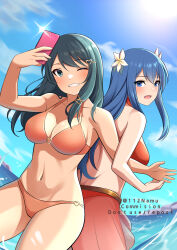  2girls :d back back-to-back bare_shoulders bikini bikini_skirt blue_eyes blue_hair blue_sky blush breasts caeda_(fire_emblem) caeda_(summer)_(fire_emblem) camera_flash cellphone cleavage cloud collarbone commentary commission cowboy_shot day english_commentary fire_emblem fire_emblem:_mystery_of_the_emblem fire_emblem_heroes flower grin groin hair_between_eyes hair_flower hair_ornament hairclip heart heart_hair_ornament highres holding holding_phone in-franchise_crossover indoors large_breasts long_hair looking_at_viewer multiple_girls namu_(112namu) navel nintendo ocean official_alternate_costume one_eye_closed open_mouth oribe_tsubasa phone pixiv_commission red_bikini see-through see-through_skirt selfie sidelocks skirt sky smartphone smile standing stomach sunlight swept_bangs swimsuit teeth tokyo_mirage_sessions_fe wading 