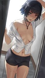  1girl areola_slip arm_up bike_shorts black_hair black_shorts blue_eyes breasts devil_may_cry_(series) doorway heterochromia highres jewelry lady_(devil_may_cry) looking_at_viewer medium_breasts necklace nipple_slip nipples off_shoulder partially_unbuttoned patreon_username pov_doorway red_eyes scar scar_on_face scar_on_leg shirt short_hair shorts sidelighting single_bare_shoulder solo standing white_shirt zefrableu 