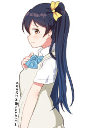 1girl alternate_hairstyle blue_hair blush commentary_request from_side hair_between_eyes long_hair looking_at_viewer love_live! love_live!_school_idol_project one_side_up otonokizaka_school_uniform ponytail school_uniform side_ponytail simple_background skull573 solo sonoda_umi upper_body white_background yellow_eyes rating:Sensitive score:2 user:danbooru