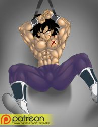  1boy belt black_hair blush bound bound_wrists broly_(dragon_ball_z) dragon_ball dragon_ball_super highres legs_apart male_focus patreon tears tied_arms tied_up  rating:Questionable score:0 user:shironek0