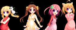  4girls ahoge black_background blonde_hair brown_hair child china_dress chinese_clothes cowboy_shot dress artistic_error female_focus hair_ornament hairclip lineup multiple_girls open_mouth pink_hair pregnant purple_eyes simple_background smile standing stitched swaneye third-party_edit twintails  rating:Sensitive score:17 user:danbooru