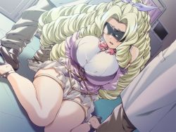  00s 1girl arms_behind_back bare_legs bdsm blindfold blonde_hair bondage bound bow bowtie breasts bursting_breasts buttons crotch_rope curly_hair curvy drill_hair dutch_angle game_cg hair_ribbon high_heels huge_breasts indoors kuujou_sakurako lab_coat legs loafers long_hair m_no_violet morita_kazuaki off_shoulder on_floor open_mouth out_of_frame ribbon ringlets rope sandals shadow shibari shirt shoes sitting skirt solo_focus standing sweat taut_clothes taut_shirt tight_clothes very_long_hair wariza yakin_byoutou yakin_byoutou_san  rating:Questionable score:55 user:danbooru