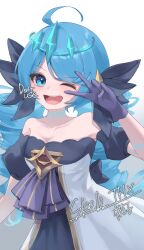 1girl ;d ahoge bare_shoulders black_bow black_sleeves blue_eyes bow collarbone commission detached_sleeves dress gloves green_hair grey_dress gwen_(league_of_legends) hair_bow highres league_of_legends long_hair momikodayo one_eye_closed open_mouth purple_gloves ruined_(league_of_legends) skeb_commission smile solo strapless strapless_dress teeth translation_request upper_teeth_only v_over_eye white_dress rating:Sensitive score:5 user:danbooru