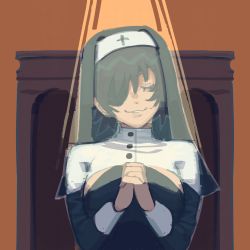  chainsaw_man church cleavage_cutout clothing_cutout dress eyepatch folded_hands highres himeno_(chainsaw_man) light light_rays liowig nun orange_background praying smile simple_background  rating:General score:14 user:damnoranges