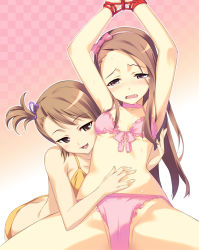 10s 2girls armpits arms_up bdsm blush bondage bound bound_wrists bra braid breasts brown_eyes brown_hair butt_crack cameltoe choker cleavage embarrassed fang front-tie_top frown futami_ami hairband idolmaster idolmaster_(classic) idolmaster_2 lingerie long_hair minase_iori multiple_girls naughty_face number23 open_mouth panties rope saliva small_breasts spread_legs sweat tears teasing underwear underwear_only yuri rating:Questionable score:178 user:danbooru