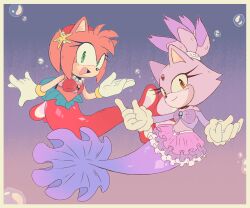  2girls air_bubble amy_rose animal_ears bad_id bad_twitter_id blaze_the_cat bubble cat_ears cat_girl cat_tail eyelashes gloves green_eyes highres looking_at_viewer mermaid monster_girl multiple_girls open_mouth pink_fur ponytail purple_fur smile sonic_(series) starfish_hair_ornament stellarspin tail white_gloves yellow_eyes 