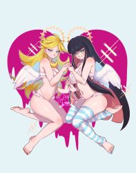  2girls angel_wings ass black_hair blonde_hair blue_background blue_eyes blush bra breasts bright_pupils camikaze feet halo heart_(symbol) highres holding_hands large_breasts leg_warmers long_hair looking_at_viewer medium_breasts melting_heart multicolored_hair multiple_girls nails navel panty_&amp;_stocking_with_garterbelt panty_(psg) pink_background pink_hair siblings simple_background sisters smile soles stocking_(psg) toeless_legwear toes two-tone_hair underwear white_bra white_pupils wings 