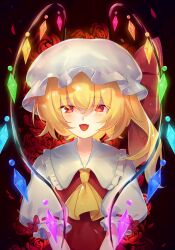  1girl ascot blonde_hair bow bowtie collared_shirt crystal fangs flandre_scarlet flower frilled_shirt_collar frilled_sleeves frills glowing glowing_wings hat highres long_hair looking_at_viewer mob_cap multicolored_wings one_side_up open_mouth red_background red_bow red_bowtie red_eyes red_flower red_ribbon red_rose red_vest ribbon ribbon-trimmed_sleeves ribbon_trim rose shirt solo touhou upper_body urushiruu vest white_hat white_shirt wings yellow_ascot 