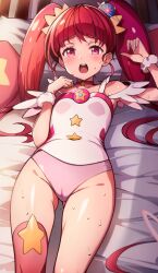  1girl :o absurdres bed blush brooch choker covered_navel cowboy_shot cure_star dot_nose groin hair_ornament highres hoshina_hikaru jewelry long_hair looking_at_viewer lying magical_girl on_back open_mouth panties papion pink_choker pink_eyes pink_hair pink_panties pink_thighhighs precure raised_eyebrows shiny_skin single_thighhigh skin_tight solo star_(symbol) star_choker star_twinkle_precure sweat thighhighs thighs twintails underwear wrist_cuffs 