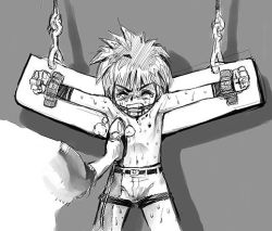  1boy bdsm bondage bound branding clenched_teeth closed_eyes clothes_iron greyscale lowres male_focus monochrome nipples pain short_hair shota solo_focus sweat tears teeth torture  rating:Explicit score:18 user:Leonitus12345