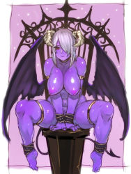  1girl arm_strap armlet barefoot between_legs breasts c.cu colored_skin demon_girl demon_horns demon_tail demon_wings expressionless female_focus full_body hair_over_one_eye hand_between_legs horns huge_breasts large_breasts nipples nude original purple_skin purple_theme red_eyes shiny_skin short_hair sitting solo tail thigh_strap thighs v_arms white_hair wings  rating:Explicit score:114 user:danbooru