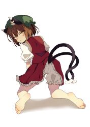  1girl :/ absurdres animal_ear_fluff animal_ear_piercing animal_ears ass barefoot bloomers brown_eyes brown_hair cat_ears cat_tail chen commentary_request dress earrings frills from_behind gold_trim hat highres jewelry kneeling leaning_forward looking_at_viewer looking_back mob_cap multiple_tails nekomata petticoat puffy_short_sleeves puffy_sleeves red_dress red_skirt red_vest seika_okawari shadow short_hair short_sleeves simple_background single_earring skirt skirt_set soles solo tail toes touhou two_tails underwear v-shaped_eyebrows vest white_background 