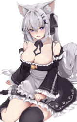  1girl absurdres animal_ears apron bell black_dress black_thighhighs breasts cat_ears cat_girl cleavage cleavage_cutout clothing_cutout dress frilled_dress frilled_skirt frills hand_on_own_hip highres jingle_bell large_breasts long_hair looking_at_viewer maid maid_apron open_mouth original paw_print paw_print_pattern purple_eyes sapota_clone seiza simple_background sitting skirt solo thighhighs thighs twintails very_long_hair white_background white_hair 