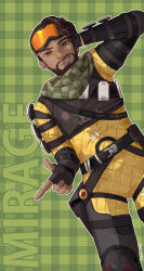  1boy apex_legends biting_own_lip black_gloves bodysuit brown_eyes brown_hair character_name commentary dark-skinned_male dark_skin facial_hair finger_gun fingerless_gloves gloves goatee goggles goggles_on_head green_background hand_on_own_head highres leaning_to_the_side male_focus mirage_(apex_legends) namjak plaid plaid_background short_hair smirk solo symbol-only_commentary yellow_bodysuit 