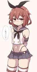  1girl arms_behind_back black_neckerchief black_panties blue_sailor_collar blue_skirt blush brown_eyes brown_hair cosplay cowboy_shot crop_top elbow_gloves embarrassed flat_chest gloves groin hair_between_eyes hair_ornament hairclip highleg highleg_panties highres ikazuchi_(kancolle) kantai_collection miniskirt navel neckerchief panties pink_background pleated_skirt sailor_collar school_uniform serafuku shimakaze_(kancolle) shimakaze_(kancolle)_(cosplay) short_hair simple_background skirt sleeveless solo speech_bubble striped_clothes striped_thighhighs thighhighs translated unagiman underwear white_gloves 