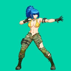 1girl abs aoi_ship arm_pouch bare_shoulders biceps blue_hair boots breasts camouflage camouflage_pants cargo_pants cleavage combat_boots crop_top dog_tags earrings jewelry large_breasts leona_heidern long_hair muscular muscular_female navel pants pixel_art ponytail simple_background snk soldier solo tank_top the_king_of_fighters the_king_of_fighters_xiv torn_clothes triangle_earrings yellow_tank_top rating:Questionable score:13 user:danbooru