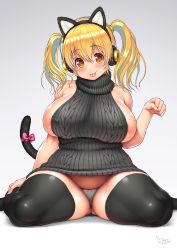 1girl :p animal_ears aran_sweater areola_slip bare_arms bare_shoulders black_hairband black_thighhighs blonde_hair blush bow bow_panties breasts cable_knit cat_ears cat_tail character_name commentary_request covered_erect_nipples dated dress fake_animal_ears good_meat_day gradient_background grey_background grey_sweater hair_between_eyes hairband halterneck hand_up happy_birthday head_tilt headphones highres huge_breasts impossible_clothes impossible_sweater looking_at_viewer medium_hair meme_attire microdress nitroplus orange_eyes panties pantyshot paw_pose pink_bow plump revision ribbed_sweater shadow shiny_clothes shiny_skin sideboob signature sitting sleeveless sleeveless_turtleneck smile solo super_pochaco sweat sweater sweater_dress tail tail_bow tail_ornament thick_thighs thighhighs thighs tongue tongue_out tsuji_santa turtleneck turtleneck_sweater twintails underwear virgin_killer_sweater wariza white_panties  rating:Questionable score:100 user:danbooru