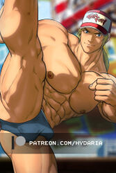  1boy abs bara baseball_cap blue_male_underwear bulge clenched_hand covered_penis covered_testicles cowboy_shot feet_up hat huge_pectorals hydaria kicking long_hair looking_at_viewer male_focus male_underwear muscular muscular_male navel nipples paid_reward_available sidelocks solo standing standing_on_one_leg stomach sunlight terry_bogard the_king_of_fighters topless_male underwear watermark 