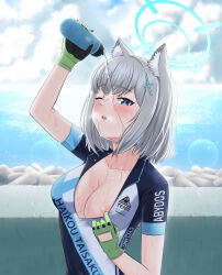  1girl ;o adult_aongly animal_ear_fluff animal_ears bike_jersey blue_archive blue_eyes blue_sky blurry blush bottle breasts cleavage cloud cloudy_sky collarbone commentary_request cross_hair_ornament depth_of_field gloves green_gloves grey_hair hair_between_eyes hair_ornament halo head_tilt highres holding holding_bottle hot looking_at_viewer medium_breasts medium_hair nipple_slip nipples no_bra ocean official_alternate_costume one_eye_closed outdoors parted_lips pouring pouring_onto_self shiroko_(blue_archive) shiroko_(cycling)_(blue_archive) short_sleeves sidelocks sky solo sweat upper_body water water_bottle wet wolf_ears wolf_girl 