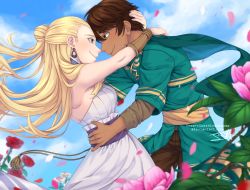  1boy 1girl artist_name bare_shoulders blonde_hair brown_eyes brown_hair brown_pants cape closed_mouth couple dark_skin deviantart_username dress earrings flower green_cape green_eyes hair_bun hand_on_own_hip highres hug insertsomthinawesome jewelry long_hair long_sleeves looking_at_another pants petals pink_flower professor_ozpin red_flower rose rwby salem_(rwby) sash short_hair sidelocks single_hair_bun sleeveless sleeveless_dress smile standing white_dress wind wristband yellow_sash 