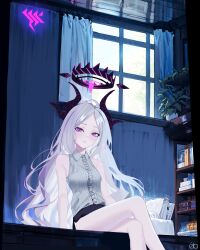  1girl absurdres ahneato artist_logo artist_name black_horns blue_archive blush book breasts closed_mouth collared_shirt crossed_legs curtains demon_horns grey_hair grey_shirt halo highres hina_(blue_archive) horns indoors long_hair looking_at_viewer multiple_horns parted_bangs plant potted_plant purple_eyes shirt sitting sleeveless sleeveless_shirt small_breasts solo very_long_hair window 