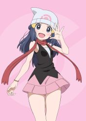  1girl :d bare_arms bare_legs bare_shoulders beanie blue_eyes blue_hair blush bracelet breasts creatures_(company) dawn_(pokemon) female_focus game_freak gensei00 hair_ornament hairclip hand_up happy hat head_tilt highres jewelry legs long_hair looking_at_viewer nintendo open_mouth pink_background pink_skirt pokemon pokemon_(anime) pokemon_dppt red_scarf scarf skirt sleeveless small_breasts smile solo source_request standing thighs waving white_hat  rating:Sensitive score:26 user:Vivira