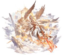 1girl armor bare_shoulders breasts full_body granblue_fantasy halberd halo halo_behind_head holding holding_polearm holding_weapon leotard long_hair medium_breasts michael_(granblue_fantasy) minaba_hideo multiple_wings navel official_art polearm red_eyes solo third-party_source transparent_background weapon white_hair wings